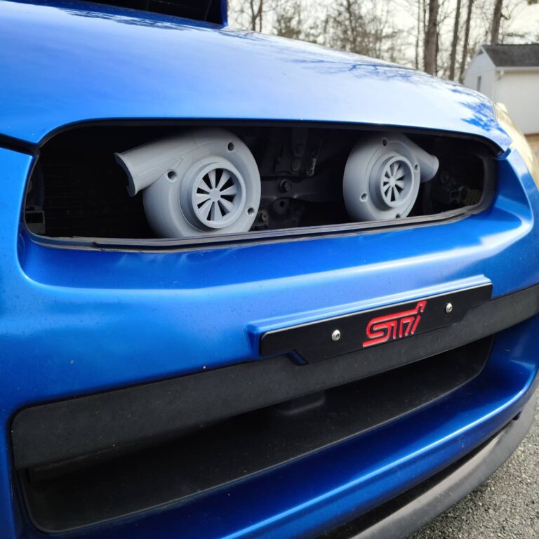 3d Printed Hella Horn Custom Cover that looks like a Turbo Mounted on a Blobeye WRX