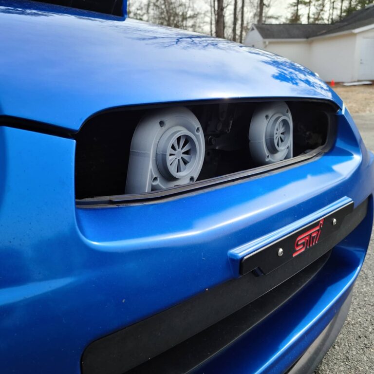 3d Printed Hella Horn Custom Cover that looks like a Turbo Mounted on a Blobeye WRX