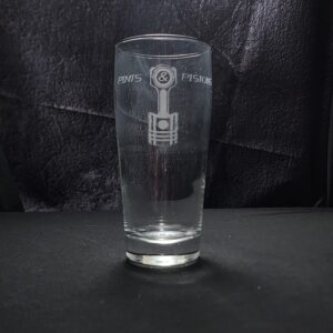 Beer Glass engraved with a piston logo and the saying, Pints and Pistons